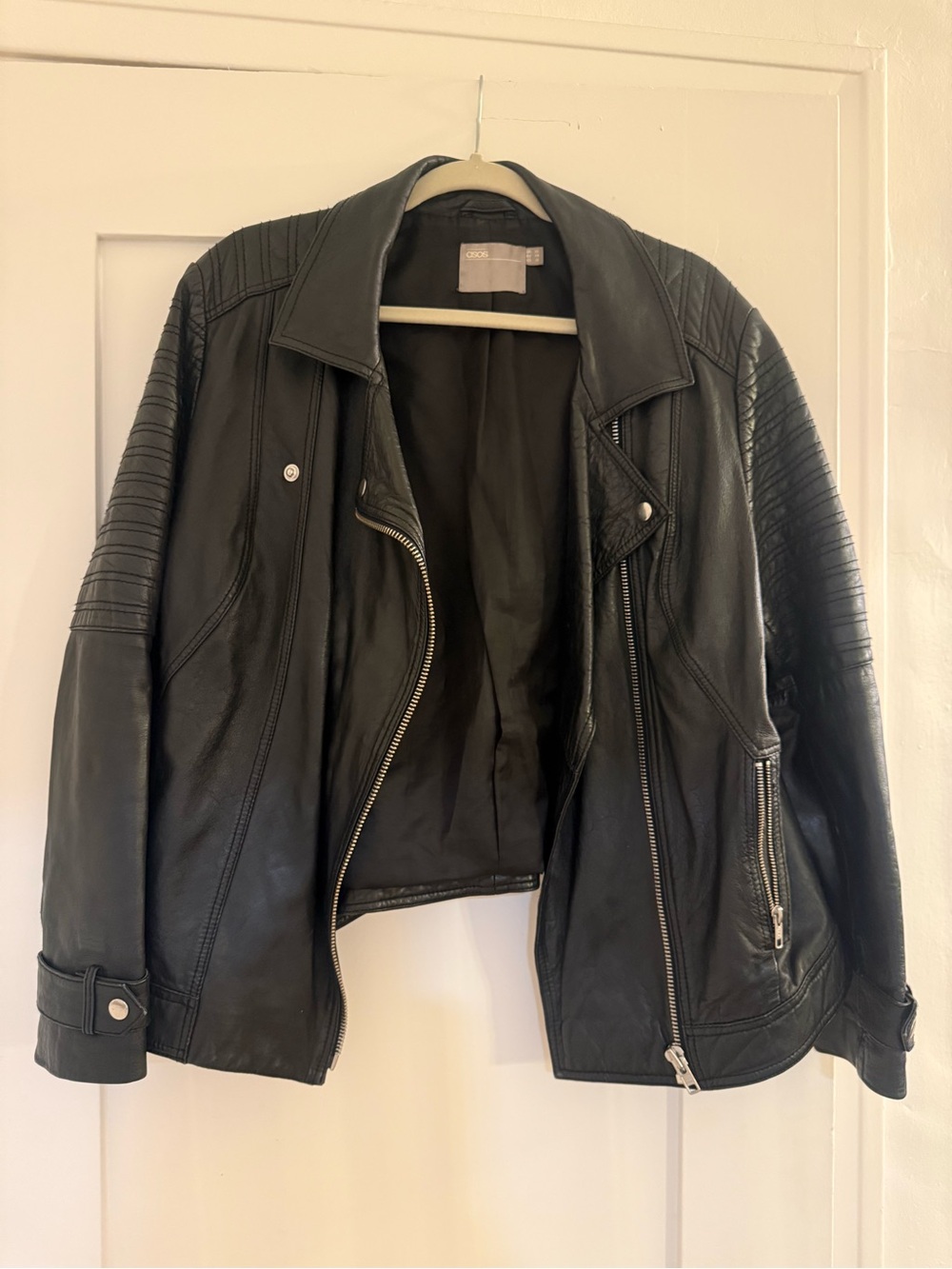 ASOS Black Leather Quilted-Sleeve Moto Jacket
